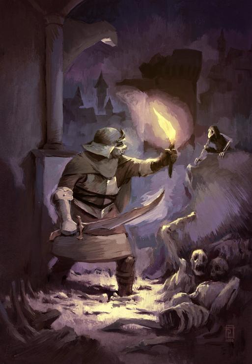 Painting of a knight in a dark fantasy setting with ruins.