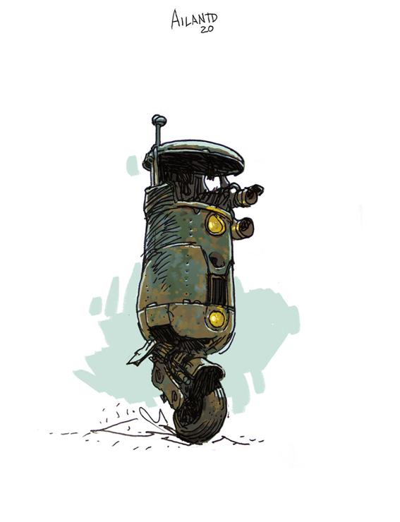 A rusty robot on one wheel.