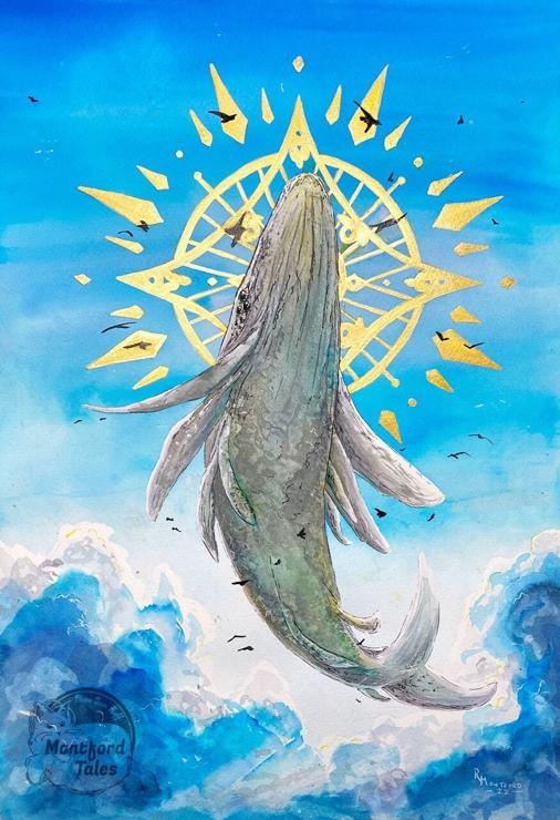 A watercolour painting of a multi-finned sky whale. It rises vertically through cumulus clouds, and is surrounded by a patterned golden halo. The predominant colours are blues and greys, with a hint of green. It is an inspirational sight. 