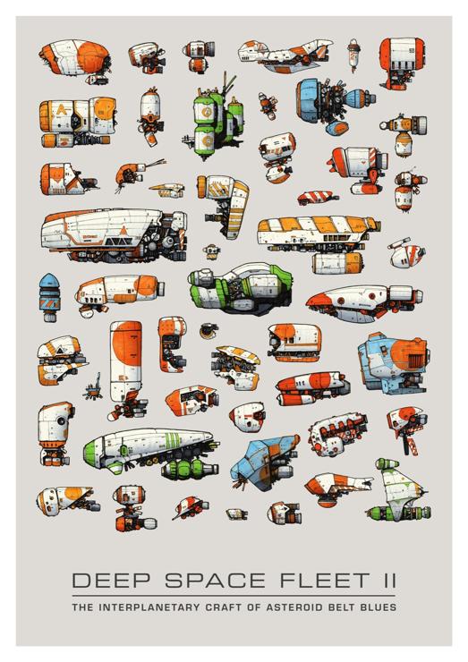 A fleet of hand-drawn, brightly coloured, spaceships.