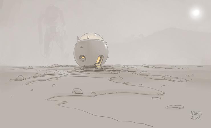 A round spaceship landed in a cream foggy planet.