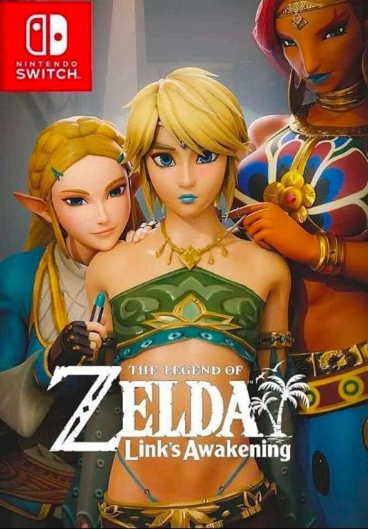 Fake game box for "Link's Awakening" showing Link with a couple of supportive fem friends getting all glammed up as a girl for the first time 