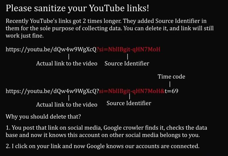 instructions on how to remove source identifiers from YouTube links. Remove the part including si= and before any & or ? sign.