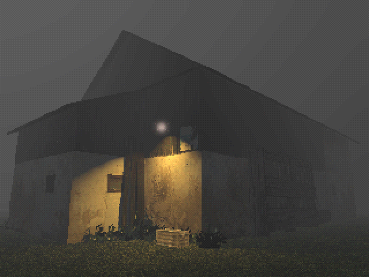 Screenshot with PS1 aesthetics of an old farm house in the mist from the other side with a warm yellow light in one corner.