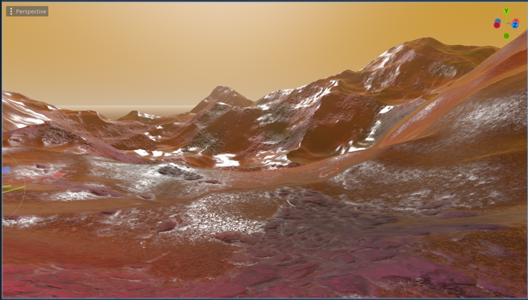 Barren 3D terrain, red, alien-looking with lots of shiny/wet areas, in an orange atmosphere, seen from within the editor of Godot Engine 4.0.1.