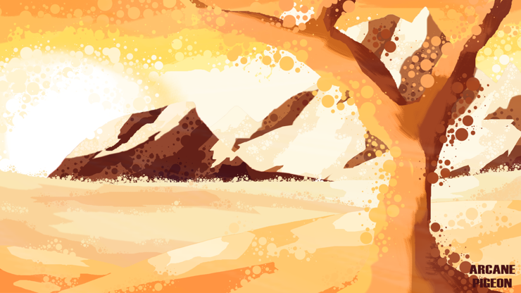 snowy landscape with a tree and mountains