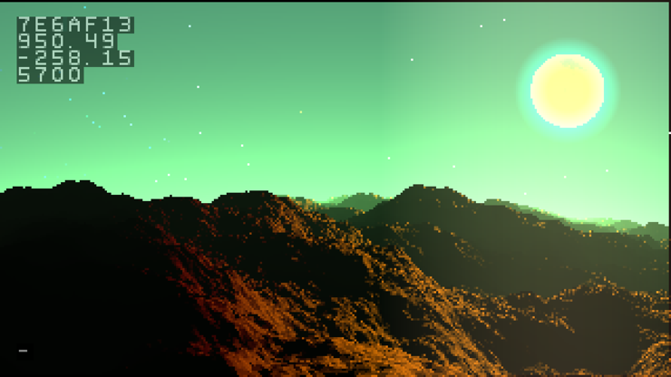 a screenshot of a landscape in red-orange. the sky is sea green. the sun is visible in the upper right.