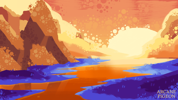 sunset over blue grass and small mountains along a river