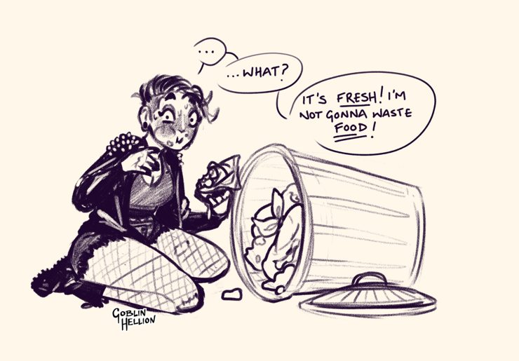 sketch of the prompt "a punk girl with a black undercut and a leather jacket, pretending she isn't embarrassed that you caught her taking food out of the garbage". She eats a cheeseburger and has sauce bits on her chin. Blushing, she has 3 speech bubbles: 1) ... 2) ... What? 3) It's *fresh*! I'm not gonna waste *food*!
This version has a leather jacket with studs on the shoulders.