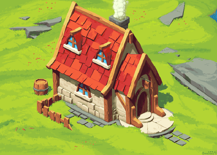 Little pixelart house in a green field