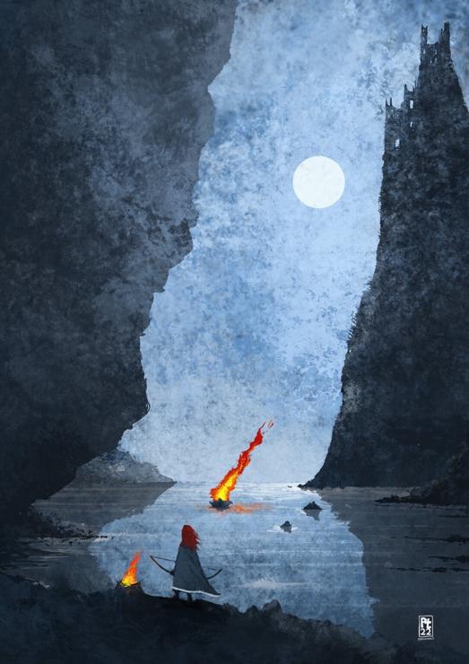 A solitary figure with a bow watches a burning boat sail out into the sea.