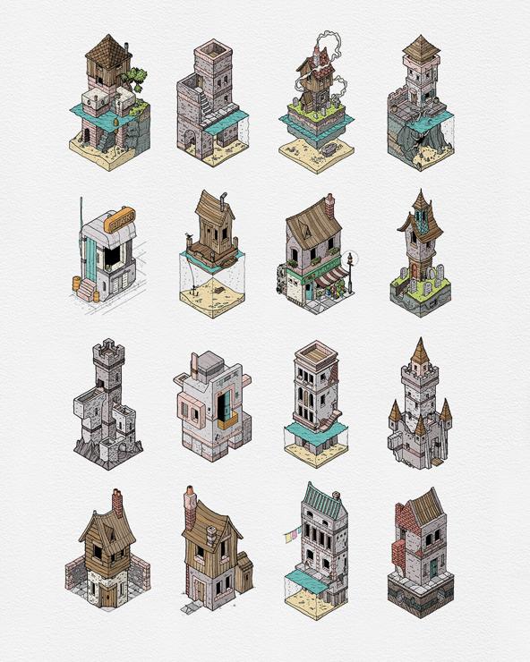 16 isometric buildings, illustrated in pen and ink